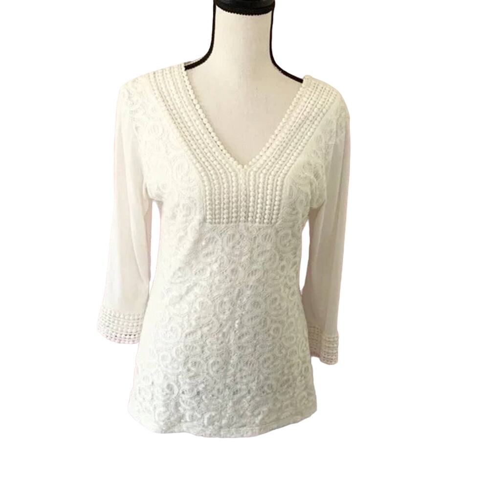 Shannon Ford New York White Tunic Blouse  Size M 3/4 Sleeve Crochet Lace